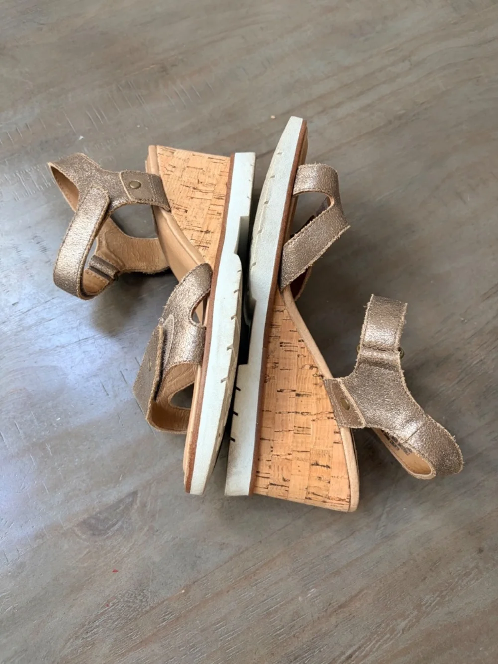 Sofft gold leather and cork wedge sandals.